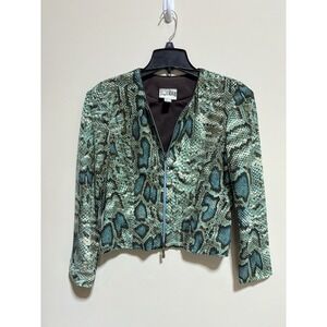 Joseph Ribkoff Women's Green Animal Print Sequin Front Zip Jacket Long Sleeve